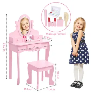 YJ-Garvee Purple Wooden Dress-Up Vanity Set for Young Girls with Adjustable Mirror Table & Stool Ideal for Ages 4-9 Pink White Play Set ASTM CPSIA Certified