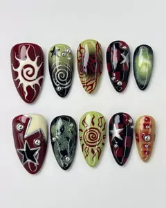 Gorgeous Grunge Sun Press On Nails, Summer Red & Green Abstract Nail Art, Y2K Gothic Fake Nails, Spiral Flame Star Nails, Red Green Summer Nails