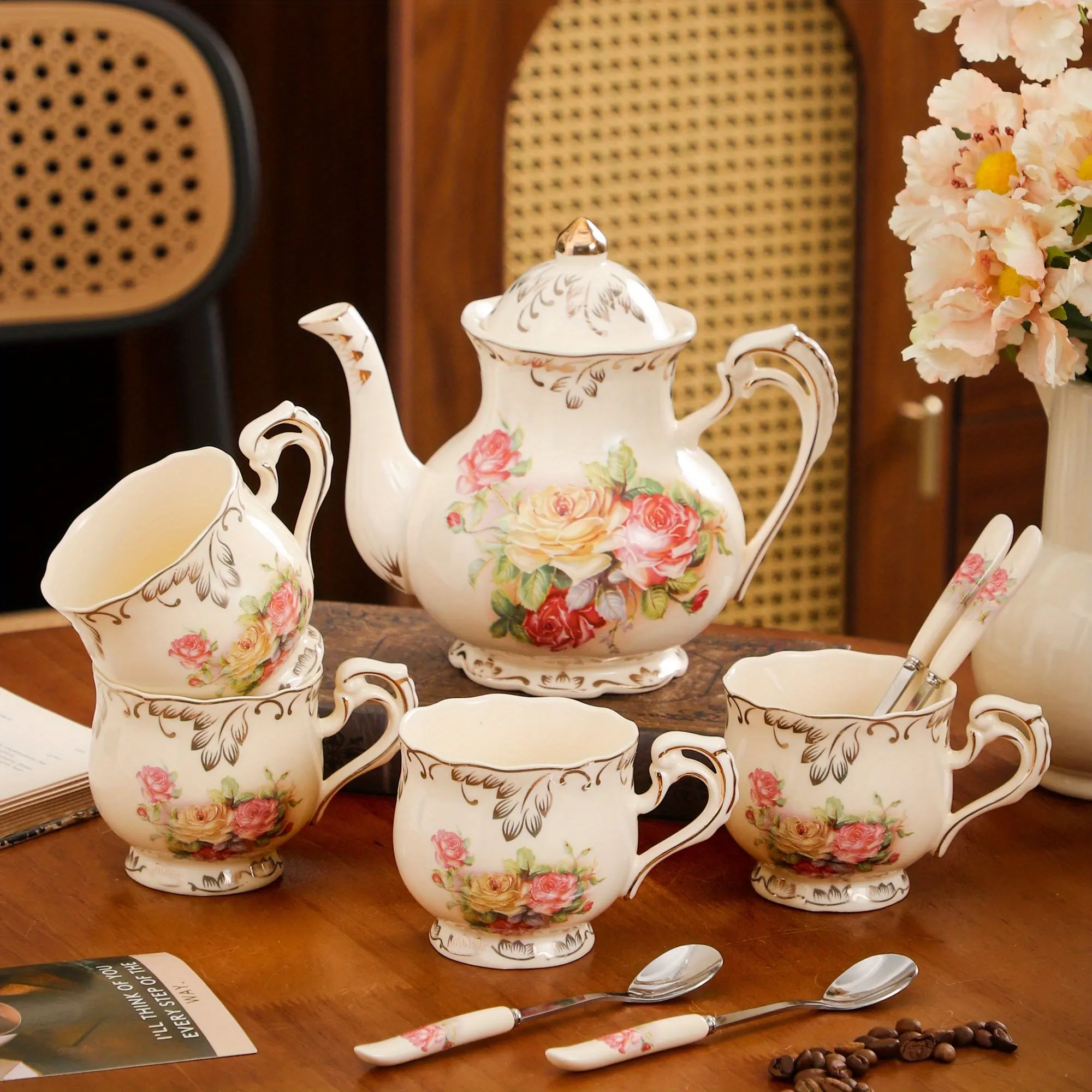 Vintage Rose Porcelain Tea Set, Includes Teapot, Cups, Saucers & Spoons, Perfect for Tea Parties, Christmas & Wedding Gifts, Tea Party Set