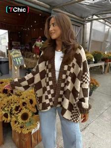women's plaid knit cardigan, lantern sleeve loose-fitting sweater, casual fall & winter fashion, unique design, new arrival knitwear