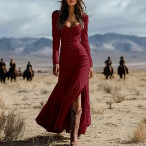 Western Corset-Style Maxi Dress – Button Front Body Shaping Long Sleeve Flowy Dress