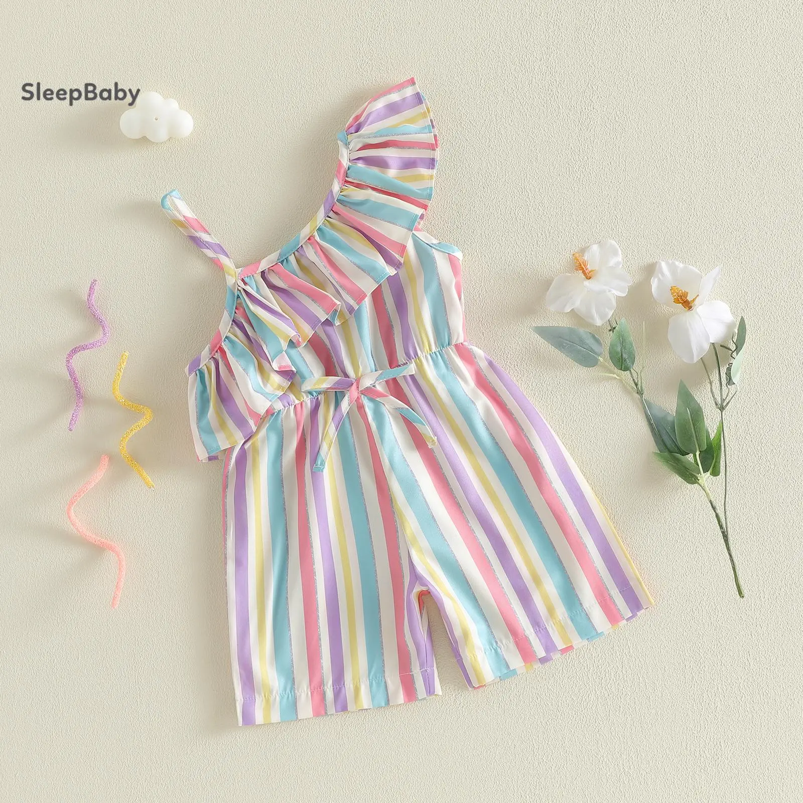 Little Girls Summer Romper Fashionable Striped Off One Shoulder Asymmetrical Neck Sleeveless Belted Jumpsuit Striped  Halter Top
