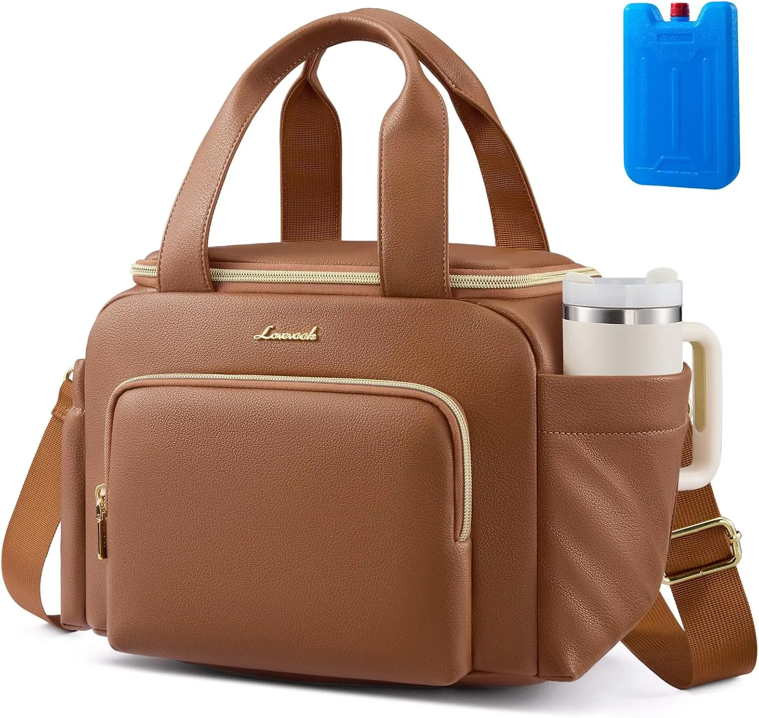 LOVEVOOK Insulated Lunch Bag for Women, PU leather Lunch Box with Shoulder Strap, Wide Opening Adult Large Lunch bags for Work Picnic Beach Family Camping Outdoor Teacher