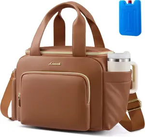 LOVEVOOK Insulated Lunch Bag for Women, PU leather Lunch Box with Shoulder Strap, Wide Opening Adult Large Lunch bags for Work Picnic Beach Family Camping Outdoor Teacher