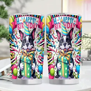 1pc Birthday Party Dog Insulated Stainless Steel Cup with Gift - 20oz Leakproof Travel Mug, BPA-Free Double-Wall Vacuum Insulation, Cute French Bulldog & Balloons Design with Happy Birthday Lettering, Reusable Water Bottle for Home, Office