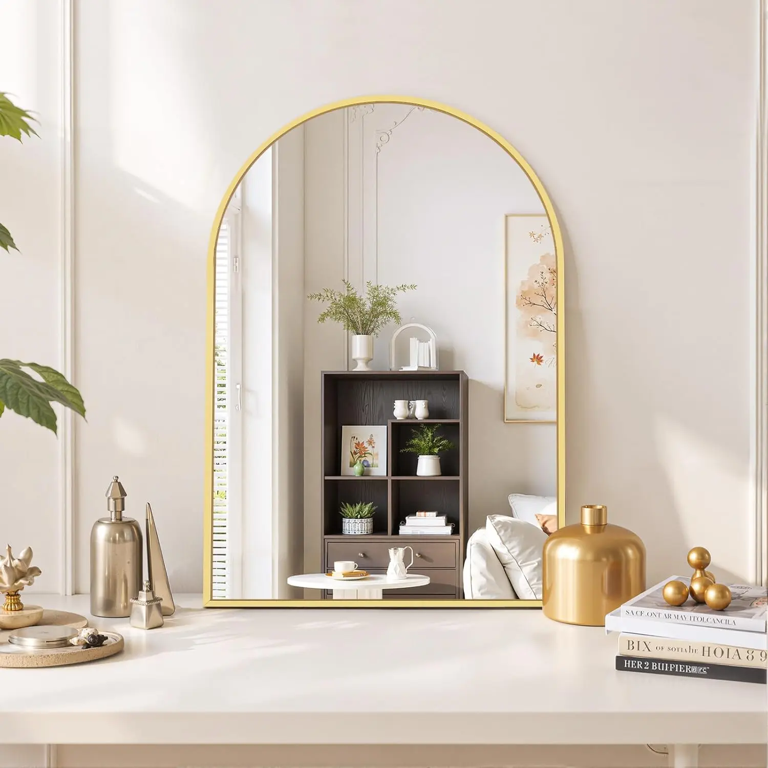 Decorative Curve Arched Anti-Fog Vanity Wall Mirror - HD Tempered Shatter-Resistant Safety Glass, Rustproof Aluminum Frame, Wall Mount, Modern Black or Gold Bathroom Mirror with Anti-Fog Coat for Home Decor Accent