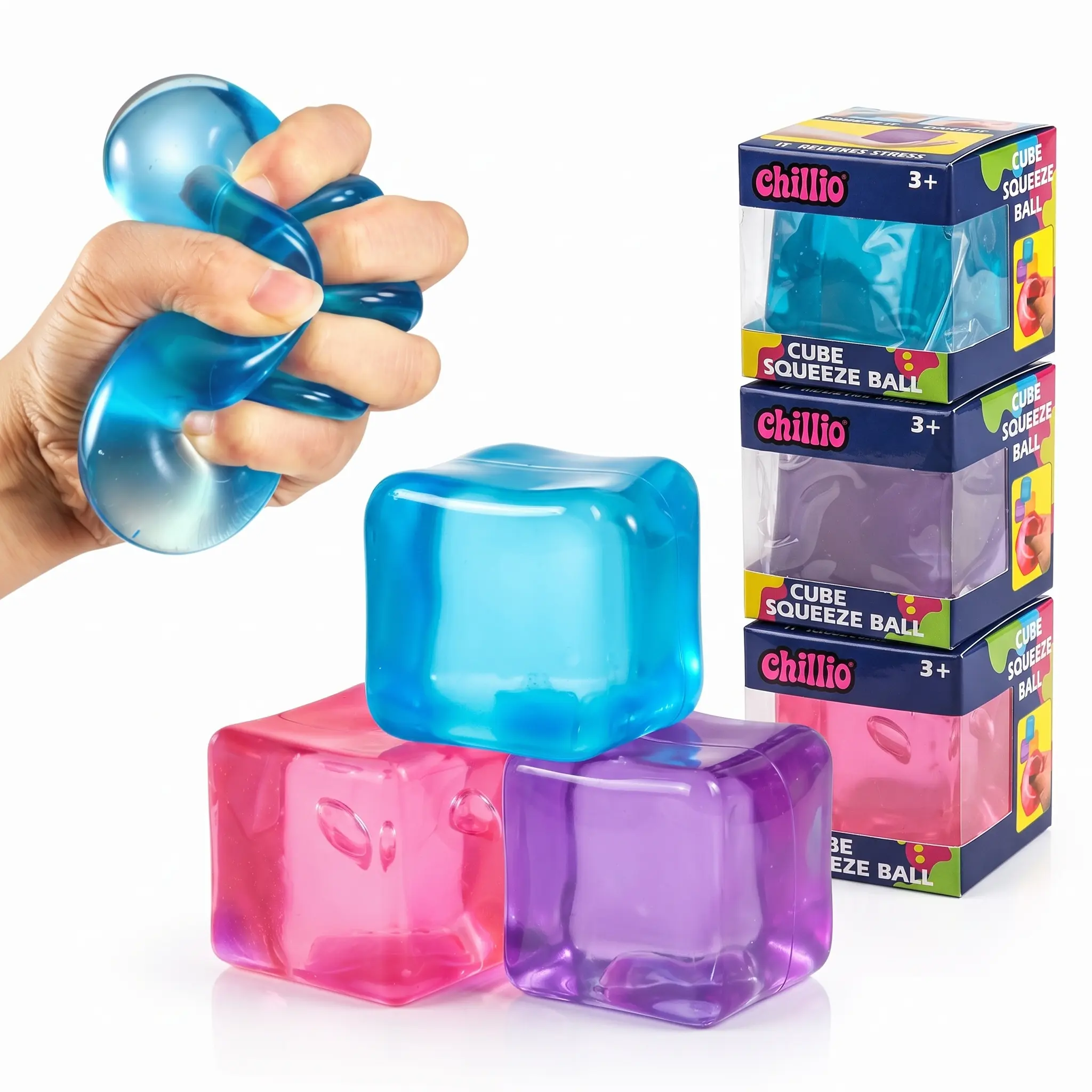 Chillio 3-Pack Cube-Shaped Stress Relief Fidget Toys, 2in High-Density Squishy Toys with Slow Rising Sensory & Butter Stick Design, Multi-Pack Gifts for Children & Adults (Classroom Prizes, Party Favors)