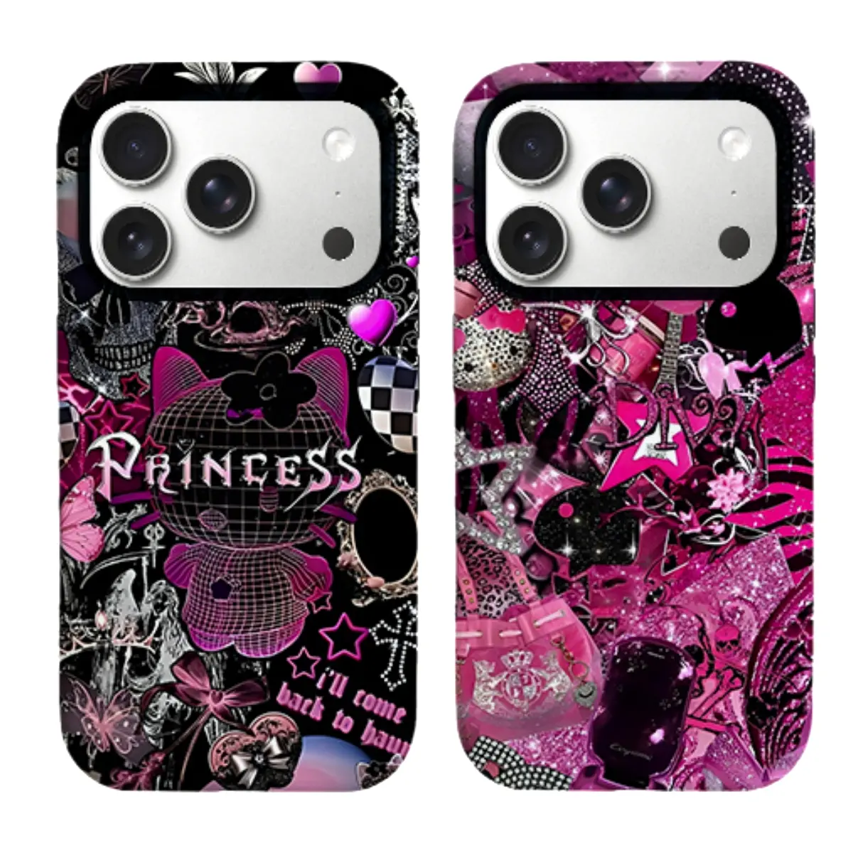Pink-Black Princess Collage Phone Case for iPhone 11-17 Pro Max Plus Mini, Cute Gothic Grunge Retro Emo Cover with Premium Drop Resistance, Dual-Layer Rubber Armor Shell, Trendy Streetwear Vibe Mobile Accessories, Custom Cute Accessories
