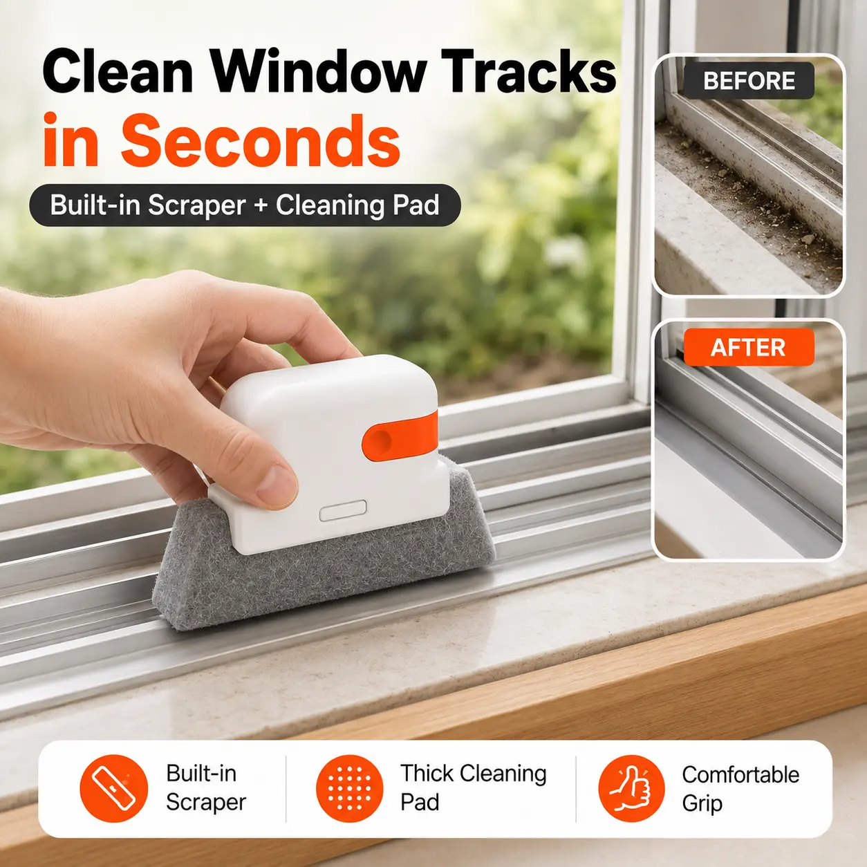 Window Track Cleaner Kit - 2-in-1 Home Cleaning Tool with Built-in Scraper, Deep Gap Brush, 2 Replacement Pads for Sliding Doors