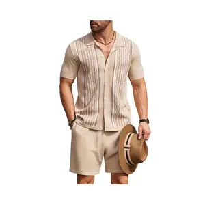 Men’s two-piece retro short-sleeve buttoned knit-collar shirt and casual beach shorts set GARMENTARY