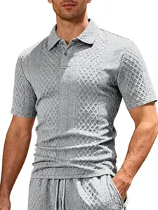 Men's apricot striped heart-shaped texture fabric polo shirt, casual button down men's polo shirt, men's daily wear polo shirt
