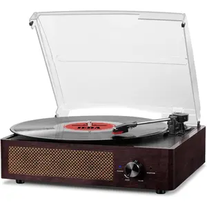 Vinyl Record Player,3-Speed Turntable with Stereo Speakers Vintage Phonograph Record Player, with RCA Line Out AUX in Headphone Jack (Brown)