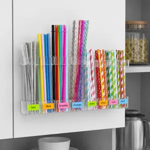 【SUHOPE】Summer Super Deal 2 PACK Acrylic Straw Holder for Cabinet Door - Reusable Tumbler Straw Organizer Storage Dispenser with Ultra Sticky Adhesive Strips, Small Kitchen Accessories Container for Kitchen Cupboard Door