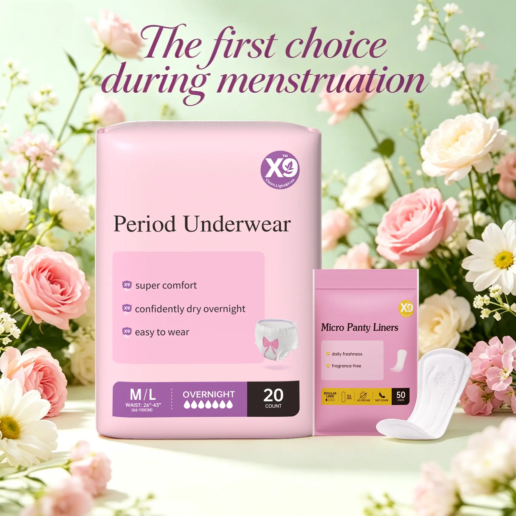 X9 Women's High-Waist Disposable Period Panties, High-Absorbency Leakproof Cellulose Underwear with Pad, Elastic, Easy to Put On & Take Off, Hypoallergenic Unscented for Postpartum Care, All Skin Types, Size M Multi-Pack (20 Count)