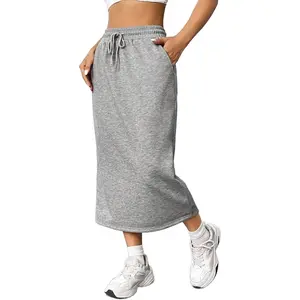 Women's Midi Skirt Drawstring High Waist Sweat Skirts with Pockets