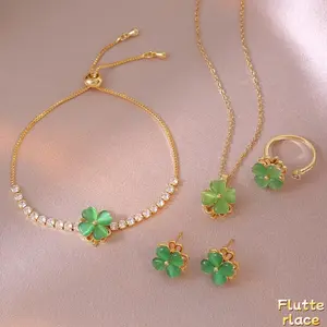 5PCS Green Jewelry Set for Women, Trendy Rotating Four Leaf Clover Earrings Necklace Ring Bracelet Set, Fashion Elegant Jewelry Set, Stylish Daily Wear Accessories & Gift for Her