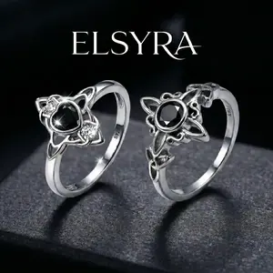 925 Sterling Silver Witch Knot Ring Celtic Trinity Knot Ring for Women, Witches Pagan Wicca Moon Irish Celtic Jewelry, Nudo de Bruja Plata 925 Original, Hecate Goddess of the Moon, Black CZ Dark Fantasy, Protection and Mysticism Amulet Gift for Girls