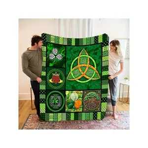 Vibrant Green Irish Celtic Shamrock Patchwork Throw Blanket with Celtic Knots & Clover Motifs