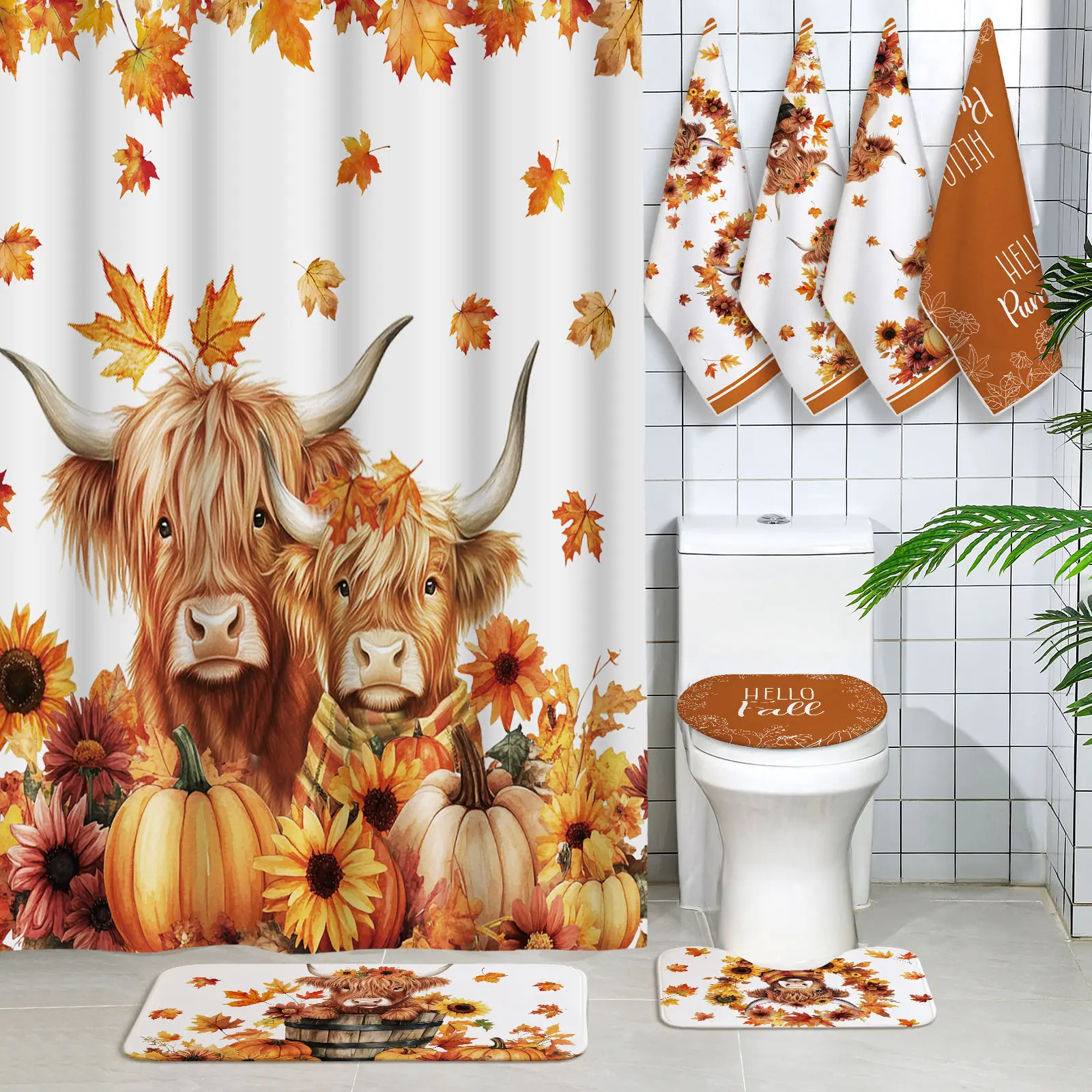 8-Piece Thanksgiving Bathroom Shower Curtain Set with Harvest Autumn Hello Fall Gnome Shower Curtain Art, Towels, Non-Slip Rugs, Toilet Lid Cover, Pumpkin Bath Mat, and 12 Hooks for Bathroom Decor