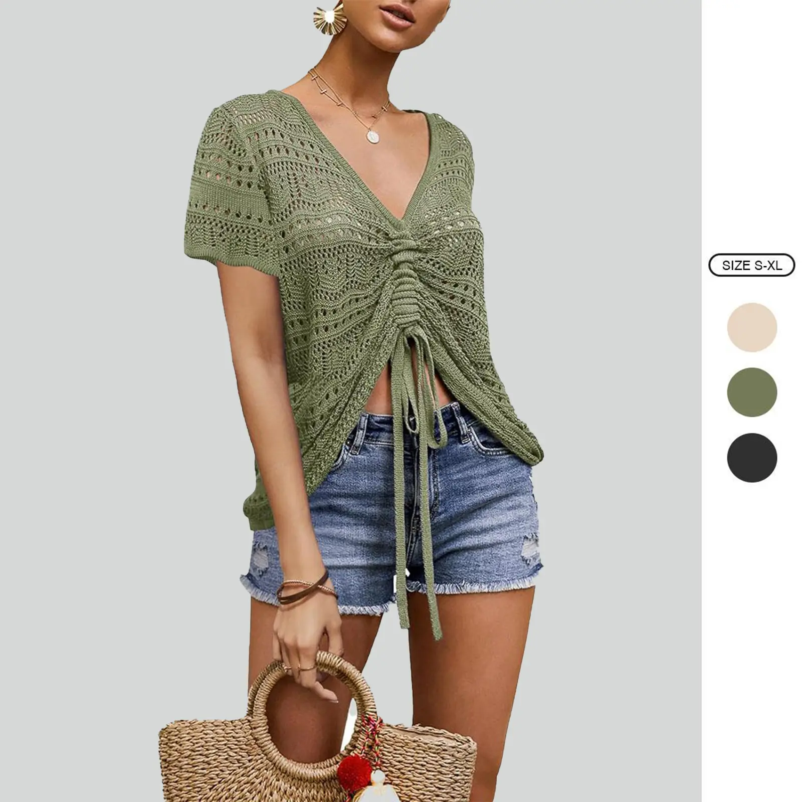 Imily Bela Women Crochet Top Short Sleeve Beach Cloth Drawstring Shirt Cover Up Oversized Sexy Beachwear Lace Up Tee Poncho