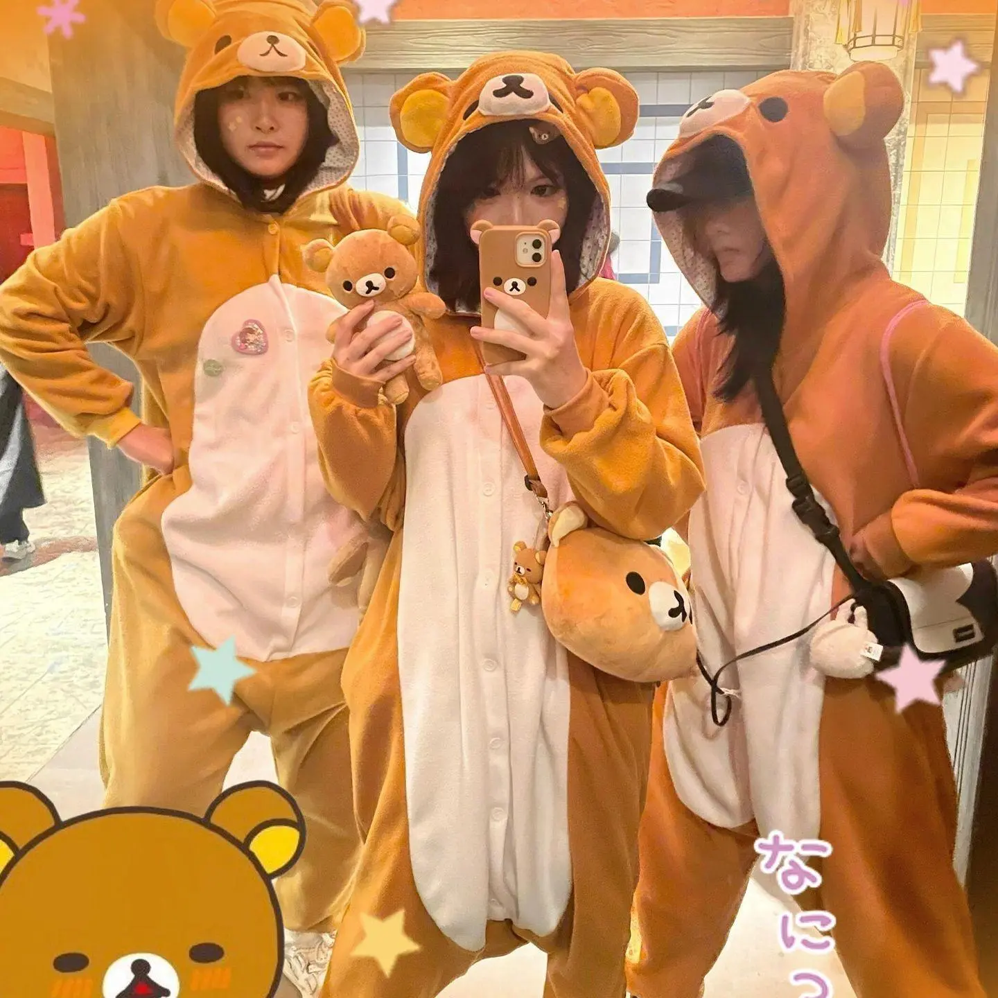 Rilakkuma Kawaii Japan Cartoon Graphic Adult Onesies - Long Sleeve Warm Nightwear, Casual Comfortable Loungewear, Bear Anime Jumpsuit for Girls’ Halloween Gifts