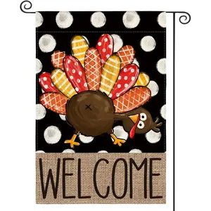 Thanksgiving Turkey Garden Flag 12x18 Inch Double Sided, Polka Dots Welcome Yard Outdoor Decorative Flag