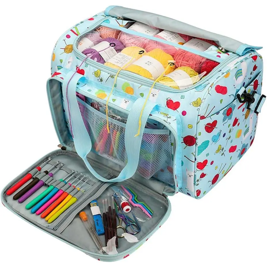 Knitting Bag Large Crochet Bag - Huge Yarn Storage Organizer for Unfinished Projects with Knitting Hooks and Crochet Hooks - Craft Supplies