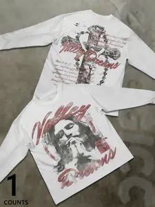 Men's White "Valley Dreams" Spiritual Long Sleeve Shirt, Vintage Retro Distressed Graphic Print, Relaxed Fit, Trendy Faith-Based Streetwear for Casual Outings, Menswear