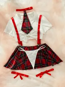 Women's 5pcs Set - New European and American Sexy Uniform Role Playing Costumes Academy Style Suspender Plaid Skirt + Top + Panties + Bow Tie + Butterfly Leg Ring
