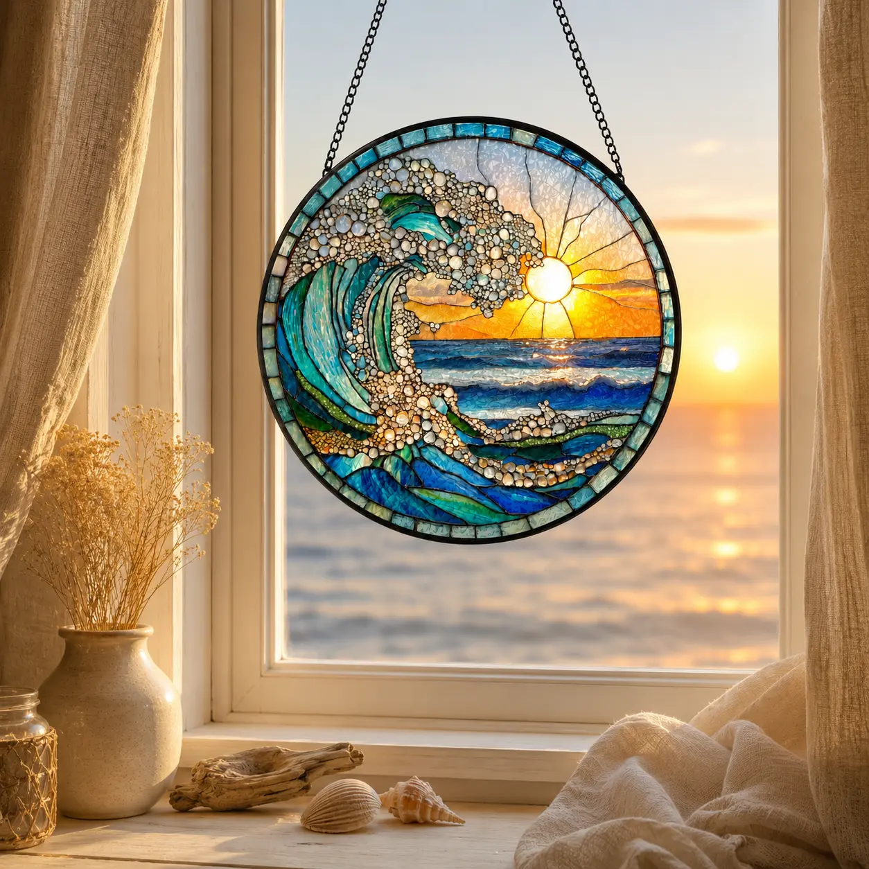 Stained Glass Wave Design with Sun and Ocean Motif, Round Shape, Decorative Wall Art for Home Decor