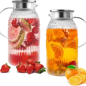 Glass Pitcher with Lid, 68 oz/ 2 Liter 2Pack Vintage Water Pitcher,Glass Water Carafe for Cold Brew, Coffee, Lemonade, Iced Tea,Beverage, Heat Resistant Jug