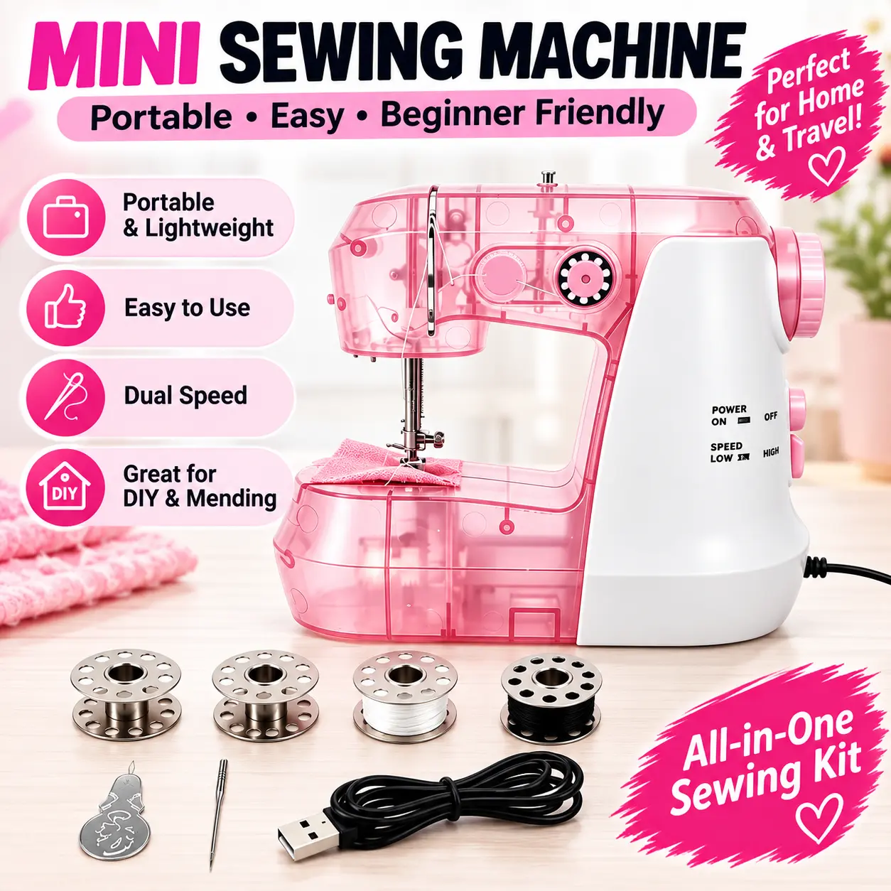 Mini Electric Sewing Machine, USB Powered Portable Sewing Machine for Beginners, Easy DIY Craft & Clothing Repair, Doll Clothes, Pet Clothes, Home Sewing Machine, No Battery Included（pink)