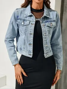Women's Minimalist Plain Pocket Button Front Crop Denim Jacket Coats, Fitted Jackets for Women, Lady Basic Casual Comfort Long Sleeve Collared Outerwear for Daily Wear, Ladies Clothes, Womenswear, Longsleeves, Casual Fashionable Jacket