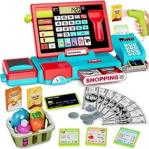 Cash Register Toy Set, 1 Box Pretend Play Cash Register Toy with Shopping Basket & Shopping Items, Learning Toy Set Gift