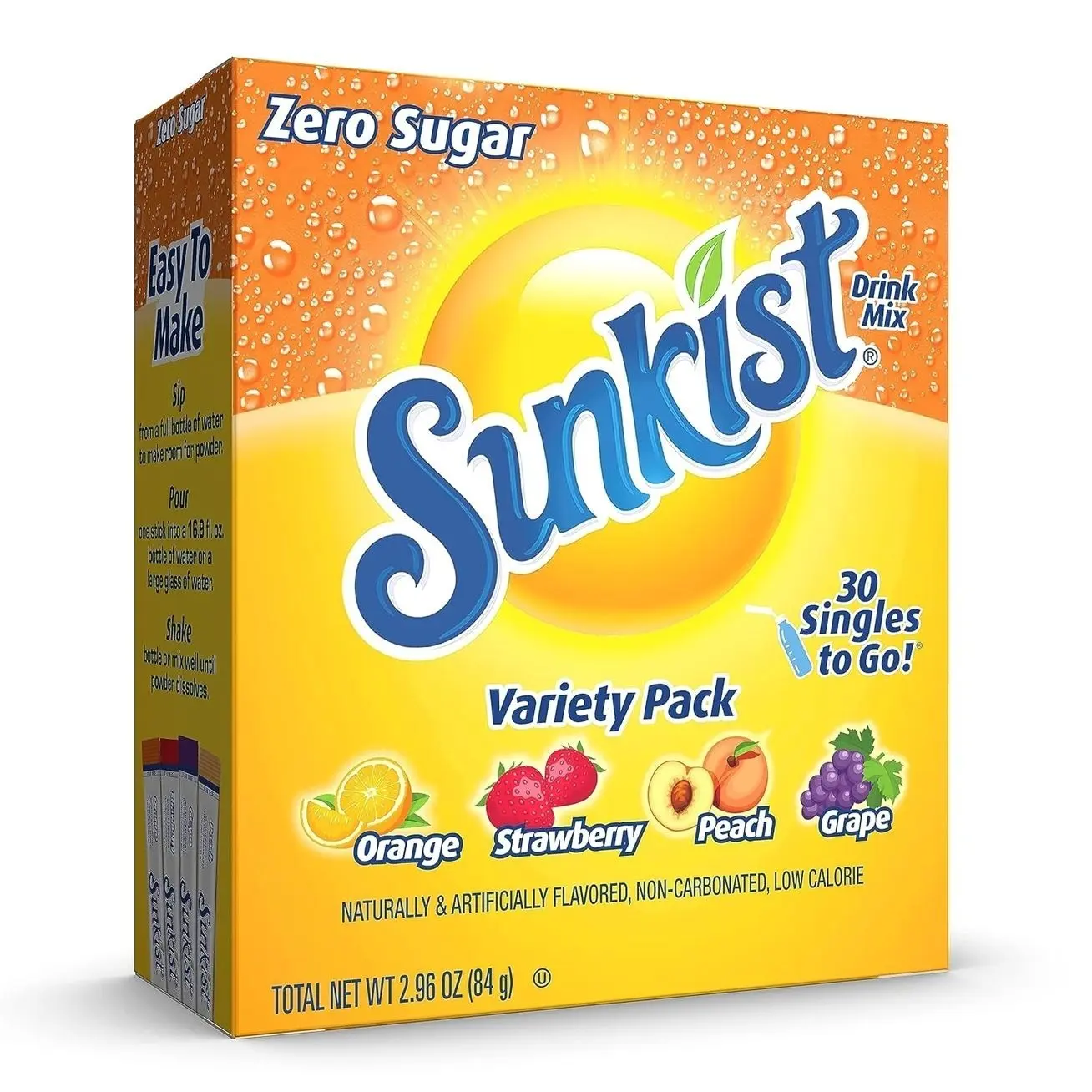 Singles To Go! Sunkist Soda Powdered Drink Mix, Variety Pack, 30 Packets | Sugar Free and Low Calorie Drink Mix, Hydration Packets Include 4 Soda Flavors, 1 box (30 single servings)