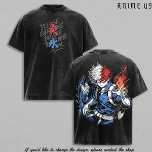 My Hero Academia – Todoroki Fire & Ice Vintage Washed T-Shirt | Anime Streetwear Heavy Cotton Tee | Shoto Todoroki Graphic Back | Aesthetic Manga Shirt Gift for Anime Fans 5QL