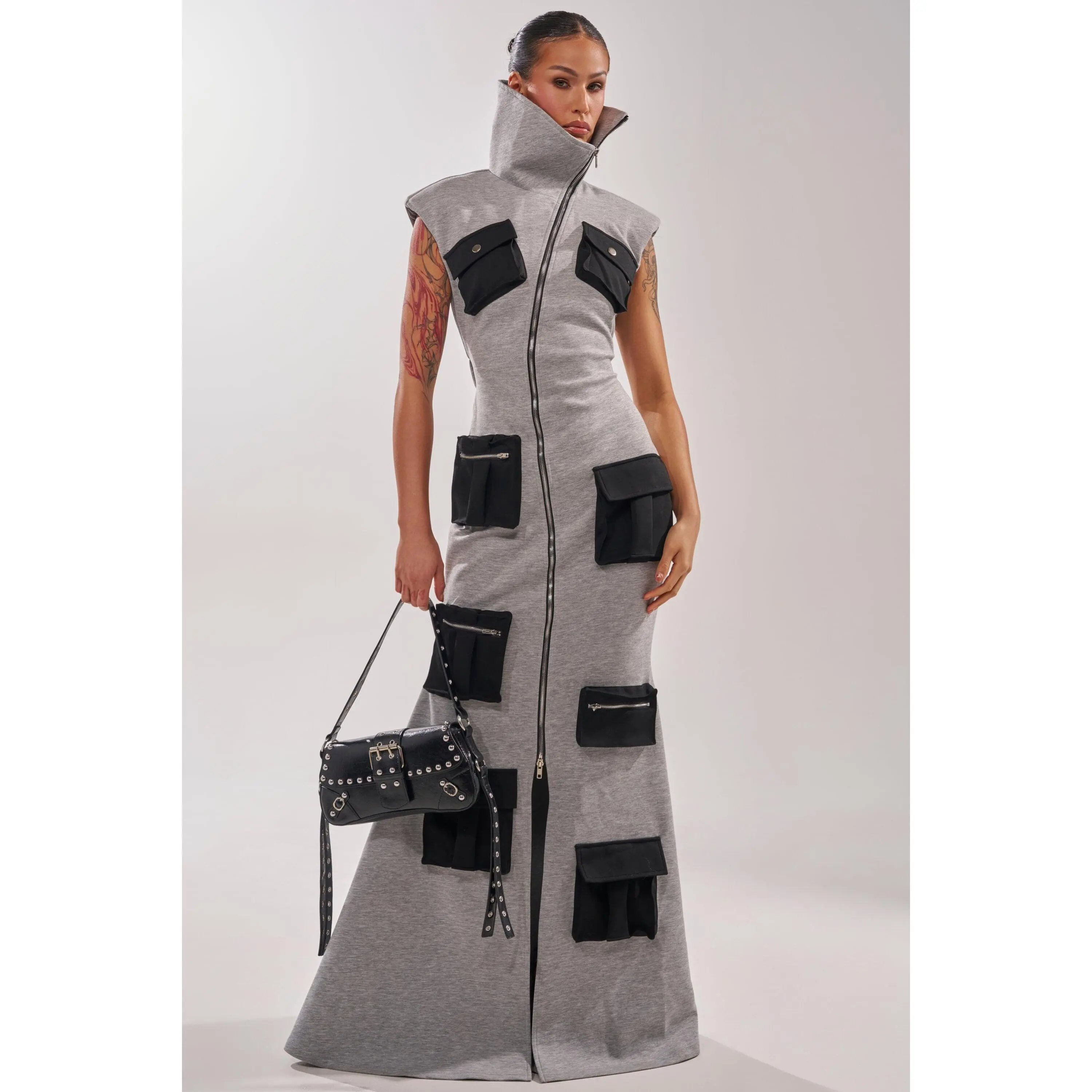 DON'T MESS WITH ME COLLARED MAXI DRESS IN GREY SCUBA