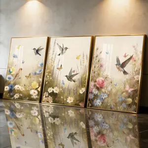 3 Count Aluminum Alloy Frame Canvas， Fashion Poster， Birds And Butterflies In Flower Garden， Modern Living Room Decoration， Light Luxury Family Art， Suitable For Bedroom， Corridor And Office Wall Decor， Gift