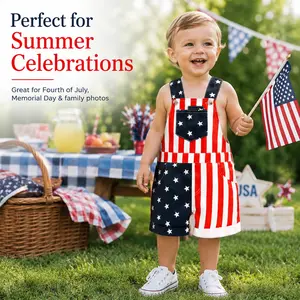 Baby Boy & Girl 4th of July Outfit, American Flag Overall Shorts, Patriotic Suspender Jumpsuit with Pocket, Summer Romper Costume for Toddlers & Kids 0-5 Years, Red White Blue Stars & Stripes