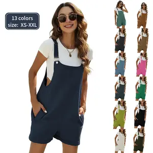 Cotton Linen Short Overalls Casual Summer Bib Shorts Rompers with PocketsRAIMENTRY