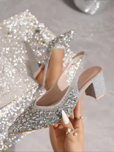 Women's High Heel Single Shoe, Shiny Rhinestone Decorated, Comfortable Elegant High Heel Sandal, Pointed Toe Elastic Band Back Sandals, Glitter Heeled Sandals