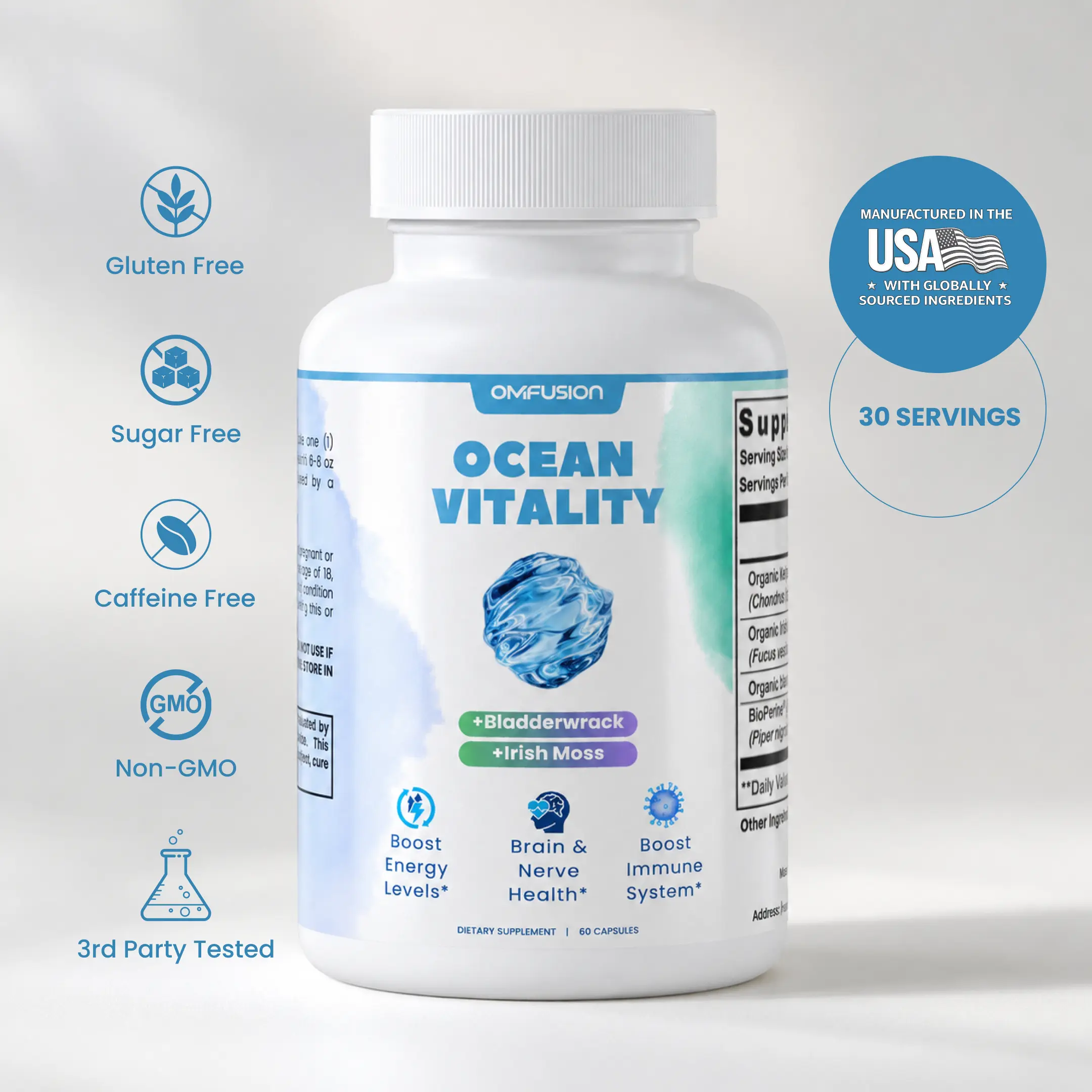 OM FUSION Ocean Vitality Sea Moss Capsules with Organic Irish Moss, Bladderwrack, Burdock Root & BioPerine