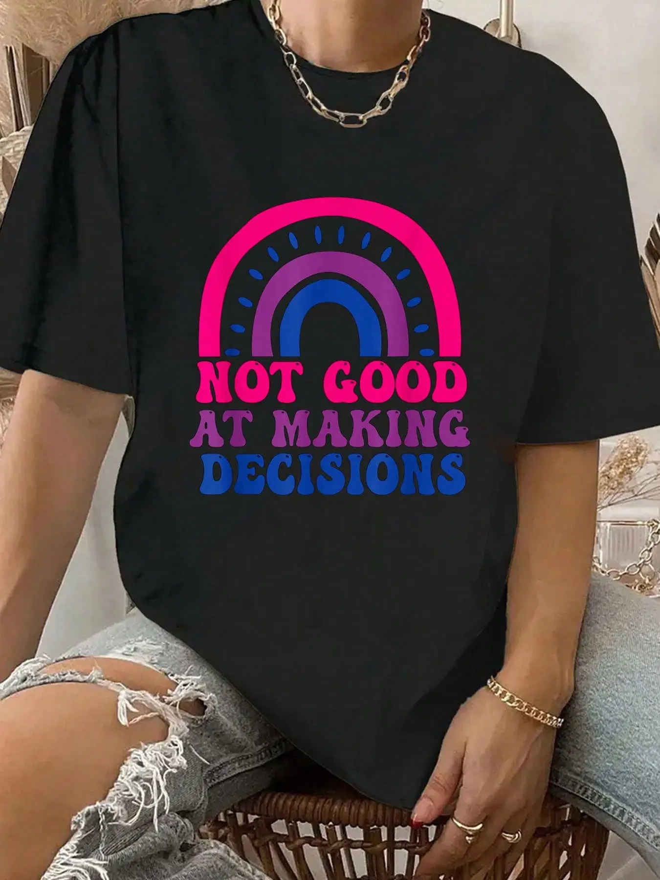 Funny Bisexual Pride T-Shirt for Women, Casual Short-Sleeve Streetwear Top with Rainbow Graphic, Loose Fit 100% Cotton, Tshirt, Round Neck, Shortsleeve, Style, All Seasons, Graphic Print, Do Not Bleach, Rainbow Print, Clothes, Bi Pride Logo, Party, Jacket