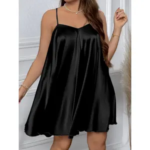 [Lightweight 90g/m² V-Neck Night Dress] Women'S Plus Size Sexy V-Neck Night Dress, Solid Color Polyester with Elastane, Cross Strap Back, Woven Fabric, Lightweight 90g/m², for Spring/Summer/Fall - Slight Stretch Design night gown women