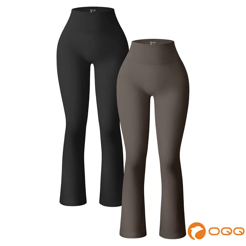 OQQ Women's Yoga Pants Ribbed Seamless Workout High Waist Bell Bottoms Flare Leggings Comfort