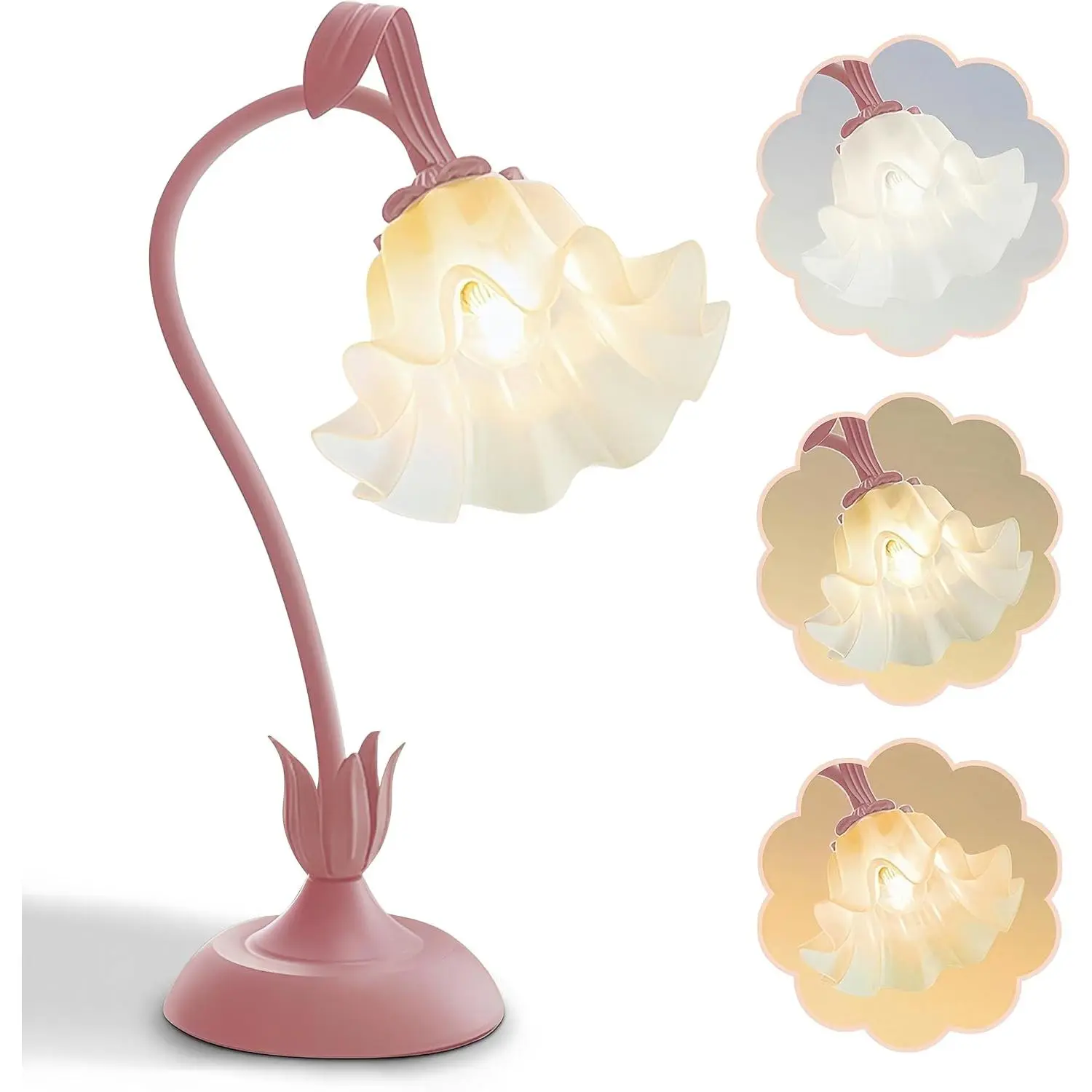 Flower Table Lamp,Cute Bedside Lamp Vintage Lamp,3 Color Modes LED Reading Light with Adjustable Gooseneck Flower Night Light,Aesthetic Nightstand Lamp for Bedroom and Living Room Decor (Pink Lamp)