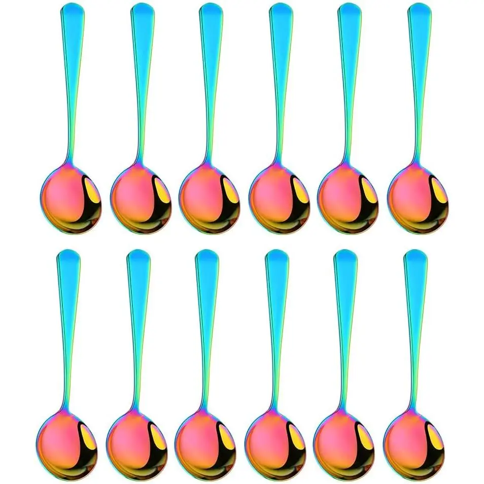 Broth Round Spoon Set, 12-  Stainless Steel Dinner Table Cereal Soup Spoon, Camping Ramen Spoons Rainbow Color