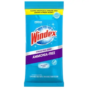 Windex Wipes Glass Cleaning Ammonia Free, Pre-Moistened Wipes for Cleaning All Glass Surfaces, Crystal Rain Fresh Scent, 25 Count