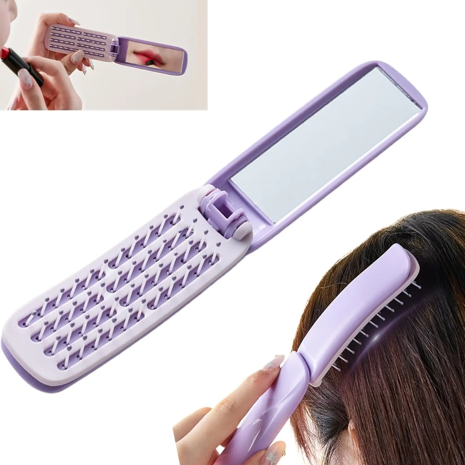 Folding Travel Hair Brush With Mirror Compact Pocket Sized Plastic Self Cleaning Detangler For Gym Travel Commute Purse Essential Gift For Women