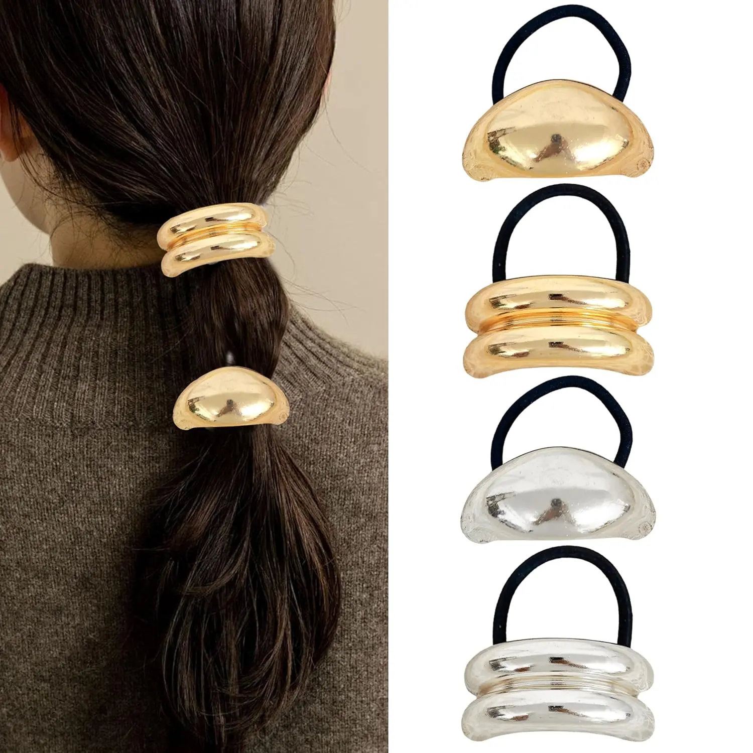 Women's Synthetic Metal Hair Cuffs - Modern Geometric Arch Design Ponytail Holders with Durable Elastic Ties, Glossy Finish, Secure Hold for Thick Hair, 4-Count, Durable Construction, Versatile Styling Options, One Size